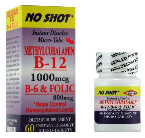 NO SHOT® Methylcobalamin B-12 1000 mcg- B6, Folic Acid 800 mcg (60 micro tabs) Superior Source